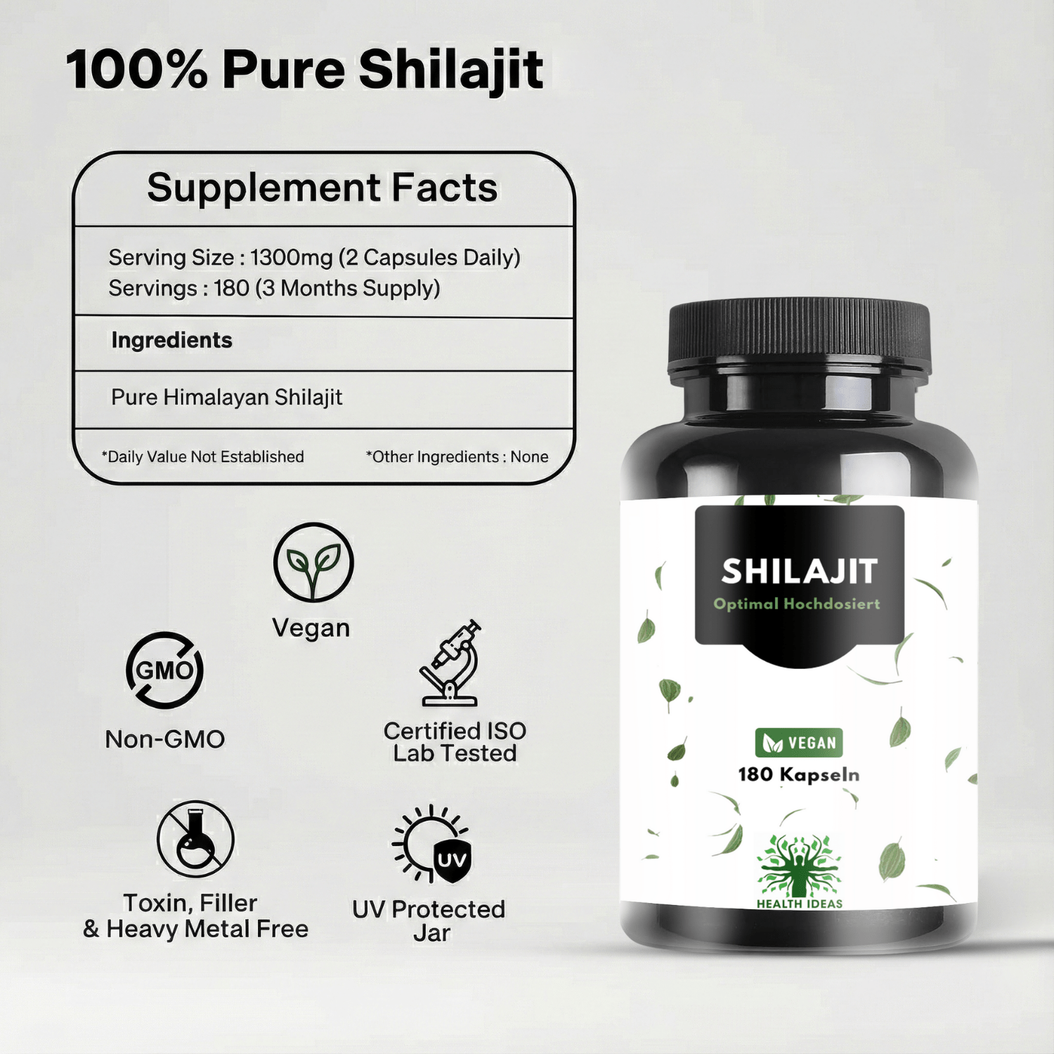 Cápsulas de Shilajit con Ácido Húmico y Minerales Traza – 1300 Mg por Dosis – 180 Cápsulas Veganas – Suplemento de Mumijo Shilajit para Adultos