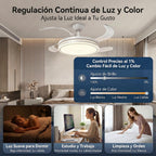 Ventilador de techo moderno con luz LED de 50W con regulación continua, aspas retráctiles y mando a distancia – Motor DC de cobre puro silencioso, bajo consumo y larga duración, brillo y temperatura ajustables, 6 velocidades, memoria y temporizador. Ideal