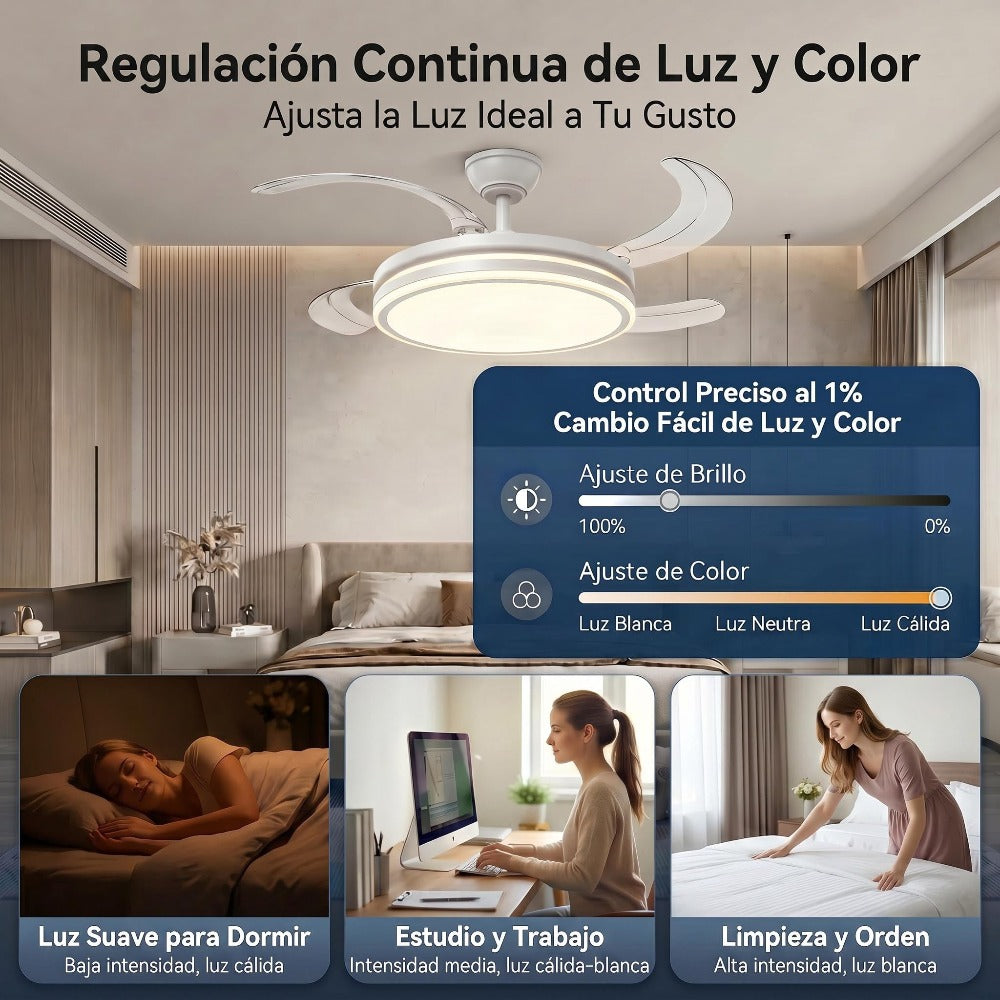 Ventilador de techo moderno con luz LED de 50W con regulación continua, aspas retráctiles y mando a distancia – Motor DC de cobre puro silencioso, bajo consumo y larga duración, brillo y temperatura ajustables, 6 velocidades, memoria y temporizador. Ideal