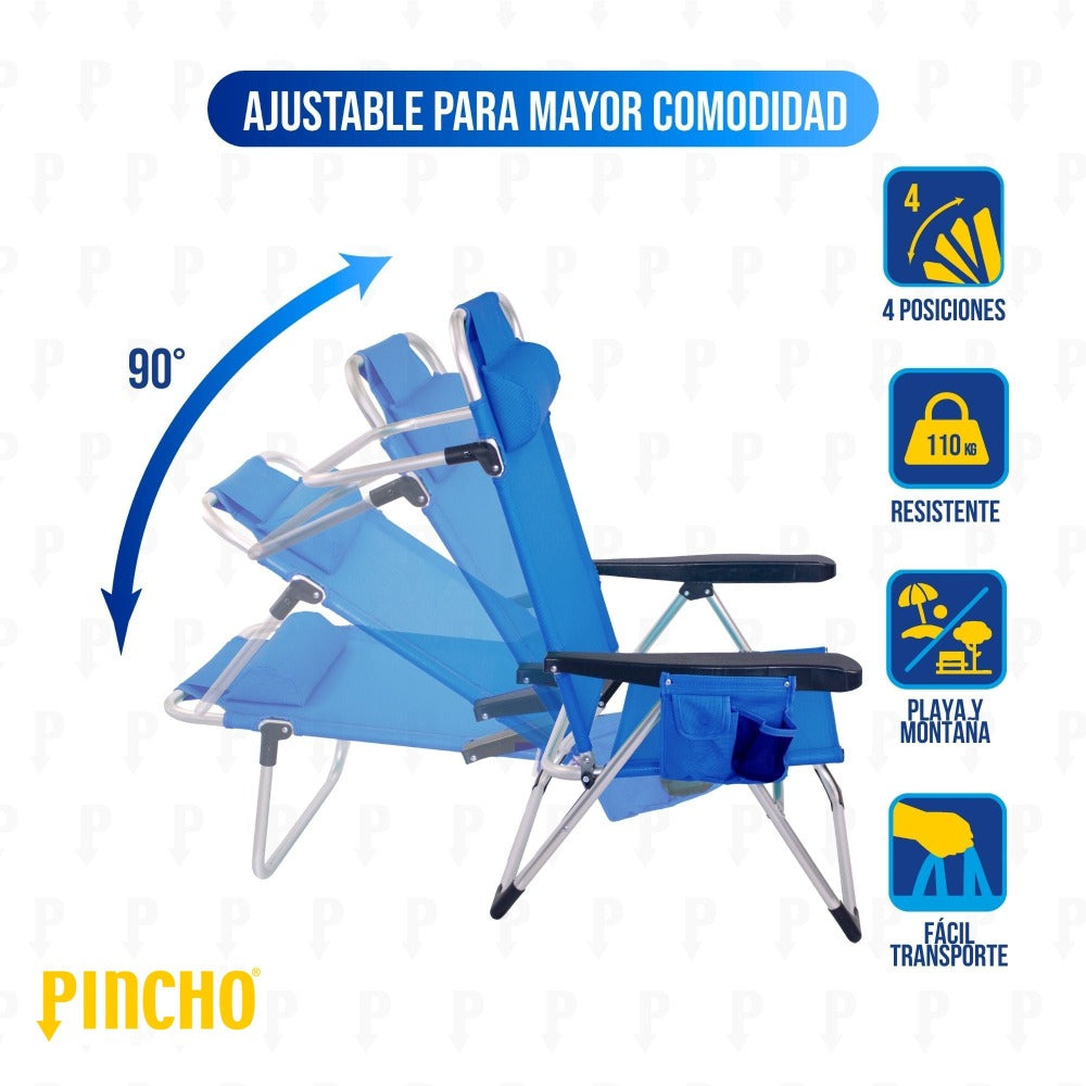 Silla Playa Plegable, Sillon Alto con Cojín, Reclinable, Altura del Asiento 29,5 cm, Asa de Transporte, Bolsillo para Movil y Bebida Textileno Resistente, Jardin, Camping, Hamaca