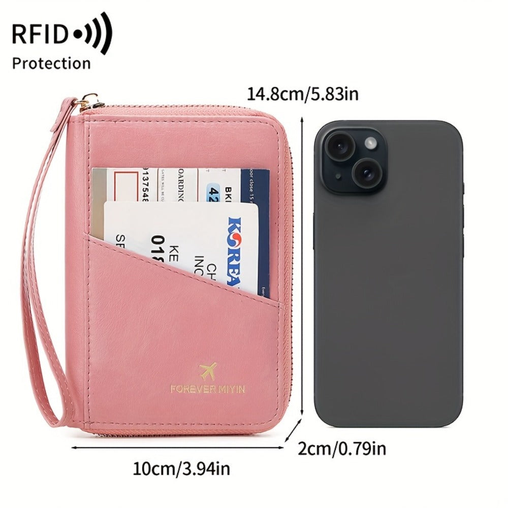 Portapassaporte RFID con cremallera y correa de muñeca, bolsa de almacenamiento multifuncional portátil para viajes, pasaporte y documentos, tarjetero