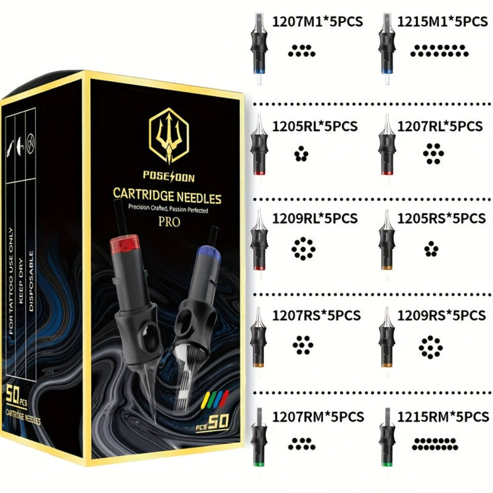 Poseidon V5 50pcs Agujas de Cartucho para Tatuaje de Tamaño Mixto Surtido | Round Liner Shader Curved/Round 5RL 7RL 9RL 5RS 7RS 9RS 7RM 7M1 15M1 15RM Agujas Desechables para Tatuajes para Suministros de Tatuaje