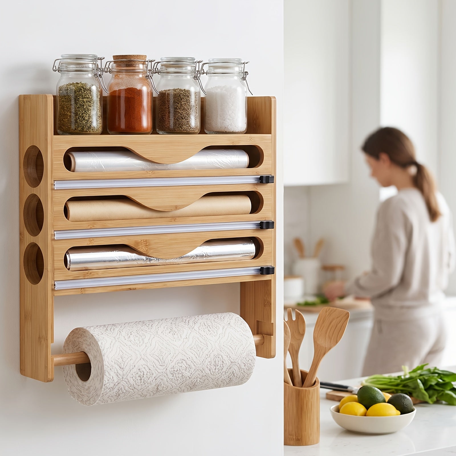 Dispensador de Papel Aluminio con Cortador, Reutilizable, Ahorra Espacio, Ideal para Almacenamiento en Cocina, Adecuado para Bolsas de Plástico, Film Transparente y Papel Aluminio, Montaje en Pared