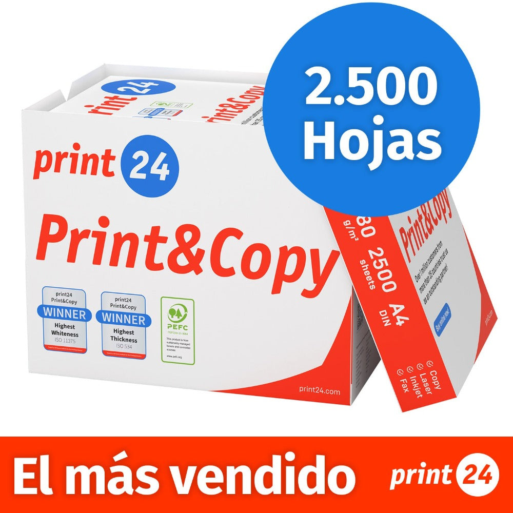 Papel para impresora print24, papel de copia, 2500 hojas, 5 x 500 A4, 80 g, blanco prémium, certificado PEFC