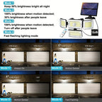 2/4 piezas de luces solares de pared para exteriores, 288 LED con sensor de movimiento y control remoto, 4 modos de iluminación para patio solar, focos de seguridad de gran angular de 270°, luz solar de pared de 4 cabezales para porche, jardín, garaje, te