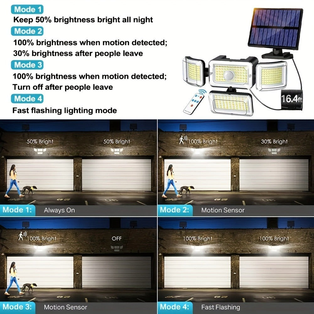 2/4 piezas de luces solares de pared para exteriores, 288 LED con sensor de movimiento y control remoto, 4 modos de iluminación para patio solar, focos de seguridad de gran angular de 270°, luz solar de pared de 4 cabezales para porche, jardín, garaje, te