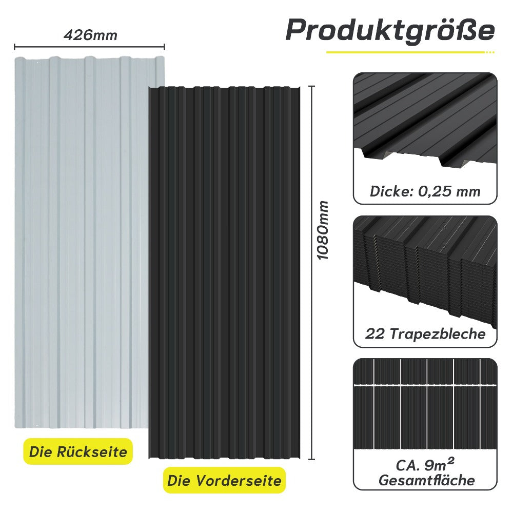 22 piezas de láminas trapezoidales de acero galvanizado de alta resistencia con tornillos y 200 clavos - Paneles de metal corrugado para techos, revestimiento de paredes, vallas, cobertizos y estructuras al aire libre (Negro/Gris, 108x42.6cm, 0.25mm) - Fá