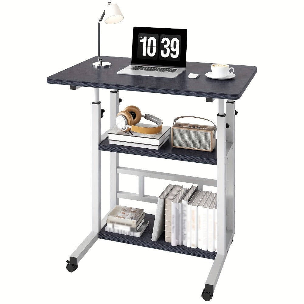 Escritorio Portátil de Madera Moderno con Altura Ajustable y Almacenamiento Multinivel - Estación de Trabajo para Hogar Ahorradora de Espacio con Ruedas, Soporte para Laptop y Función de Mesita de Noche Ideal para Trabajadores Remotos