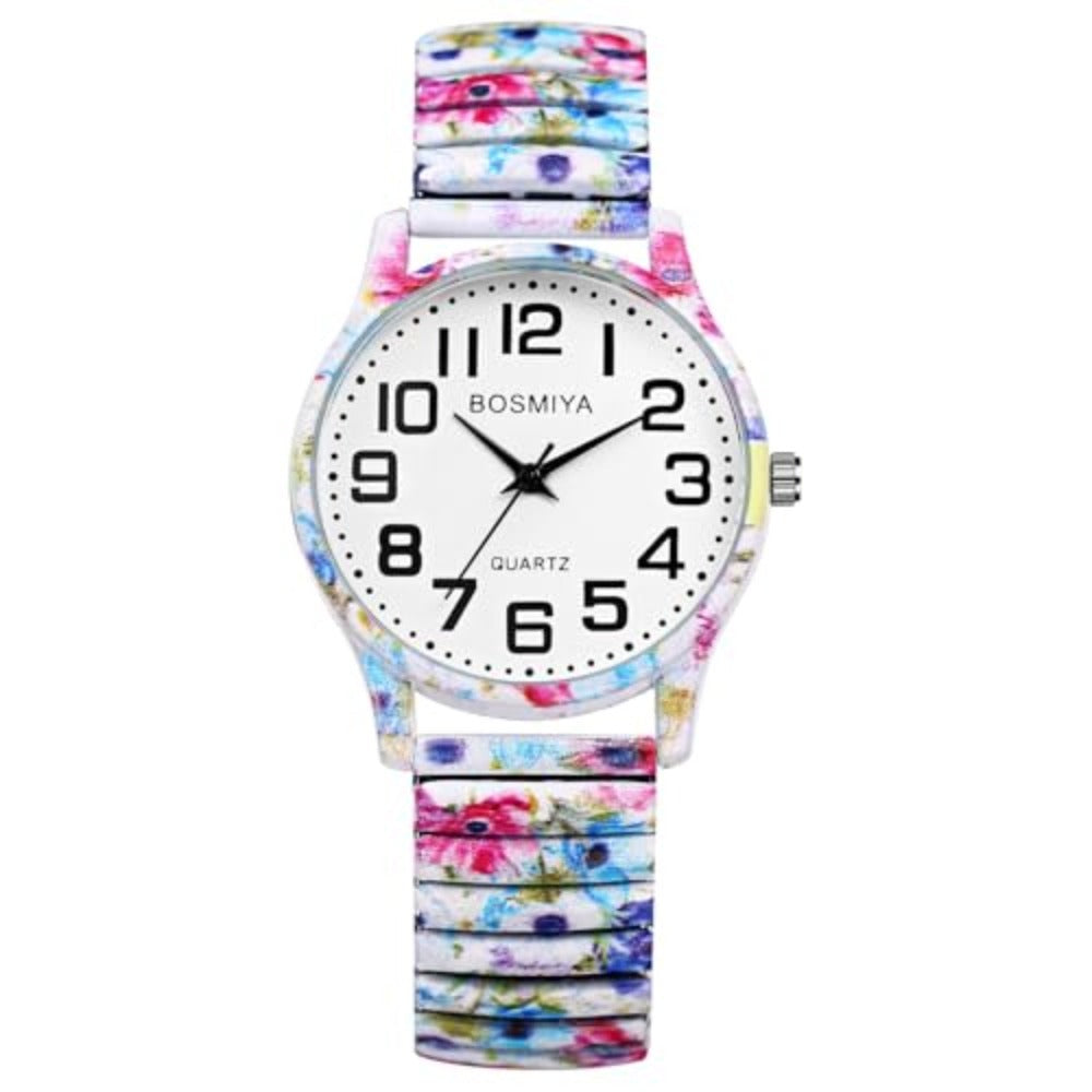 Reloj Elástico de Estilo Bohemio para Mujer: Un Reloj de Pulsera de Cuarzo con Diseño Floral, Banda Elástica de Acero Inoxidable y Esfera de Números Grandes, Perfecto Como Regalo de Cumpleaños o Navidad