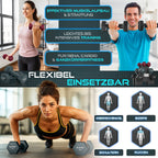 RE:SPORT® Juego de Mancuernas 3 Pares, 1Kg - 5Kg, 12Kg o 18Kg con Soporte y 3 Bandas Elásticas Fitness | Mancuernas Cortas Antideslizantes de Neopreno para Mujeres y Hombres | Juego de Mancuernas