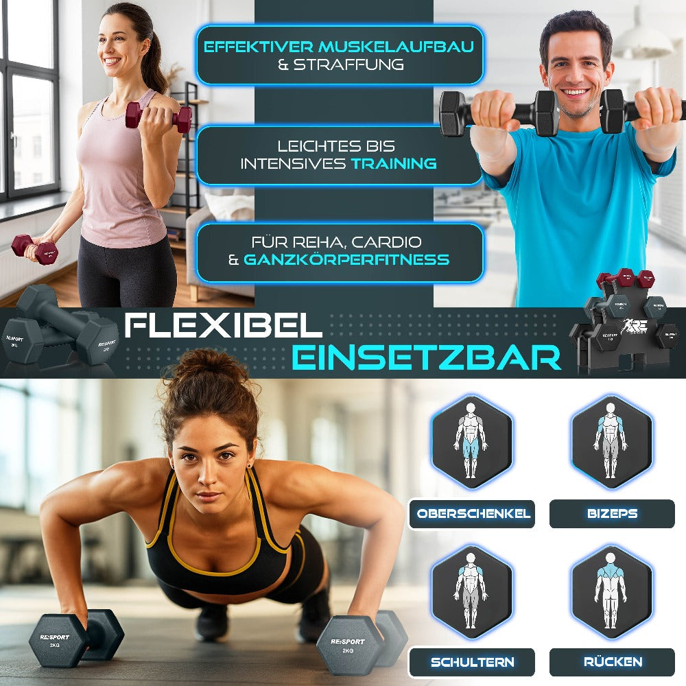 RE:SPORT® Juego de Mancuernas 3 Pares, 1Kg - 5Kg, 12Kg o 18Kg con Soporte y 3 Bandas Elásticas Fitness | Mancuernas Cortas Antideslizantes de Neopreno para Mujeres y Hombres | Juego de Mancuernas