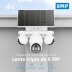Cámara de seguridad solar solar exterior de 8MP con triple lente y triple vista 4G, videovigilancia, rotación panorámica-inclinable PTZ 360°, seguimiento de movimiento, detección humana PIR, audio bidireccional, visión nocturna a todo color, notificacione