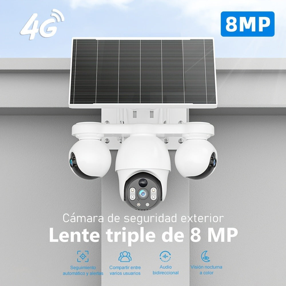 Cámara de seguridad solar solar exterior de 8MP con triple lente y triple vista 4G, videovigilancia, rotación panorámica-inclinable PTZ 360°, seguimiento de movimiento, detección humana PIR, audio bidireccional, visión nocturna a todo color, notificacione