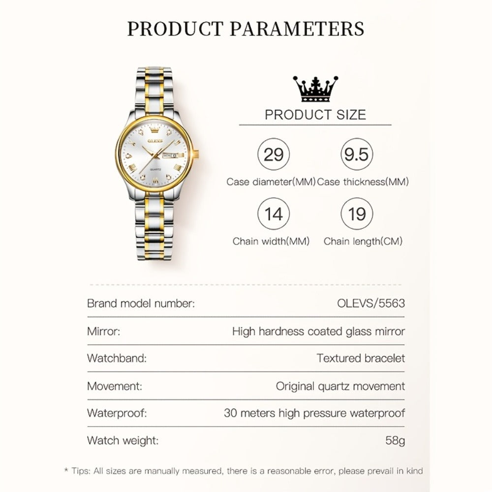 Relojes de Mujer OLEVS: Elegantes y de Moda para Negocios, Diseño Femenino para Muñecas Pequeñas, Cara Pequeña, Tono Dorado y Plateado, Correa de Acero Inoxidable, Cuarzo Analógico, Fecha y Día, Luminiscente, Esferas en /Blanco/Dorado/Azul