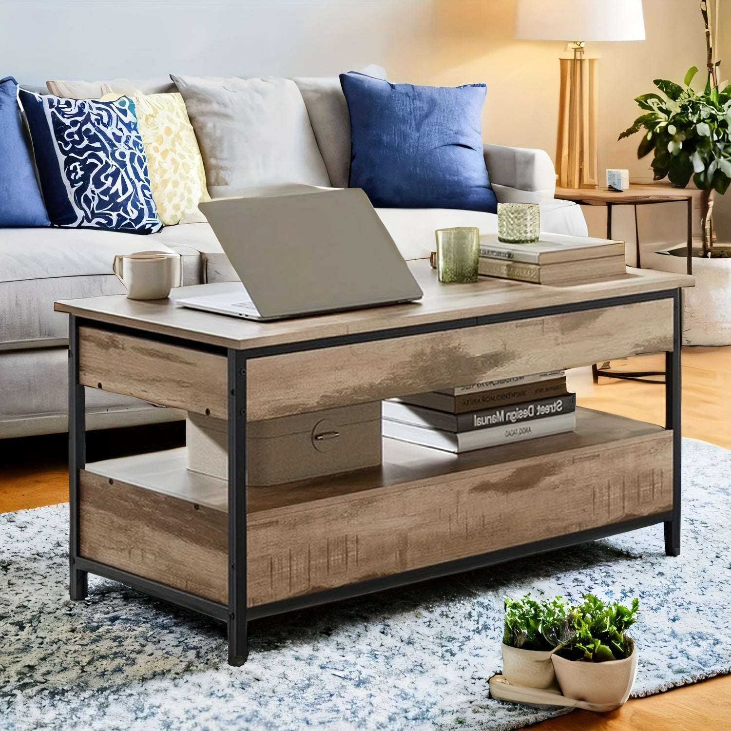 Mesa de Café con Tapa Elevable, Mesa de Sala, con Cajones de Almacenamiento, Compartimentos Ocultos y Estante Abierto