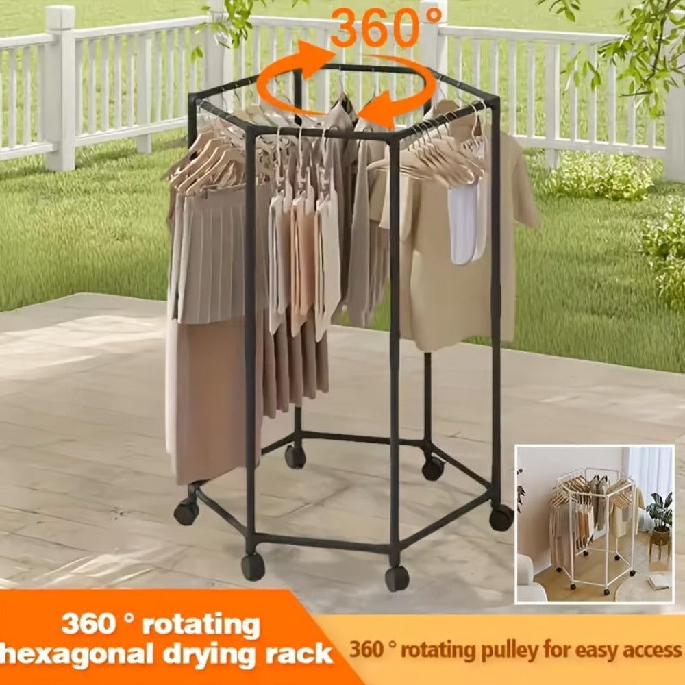 Perchero hexagonal giratorio con ruedas - Colgador de pie giratorio 360°, estructura de metal resistente, diseño portátil que ahorra espacio para lavadero, exhibición de boutique y almacenamiento en el hogar, perchero para ropa, construcción duradera con