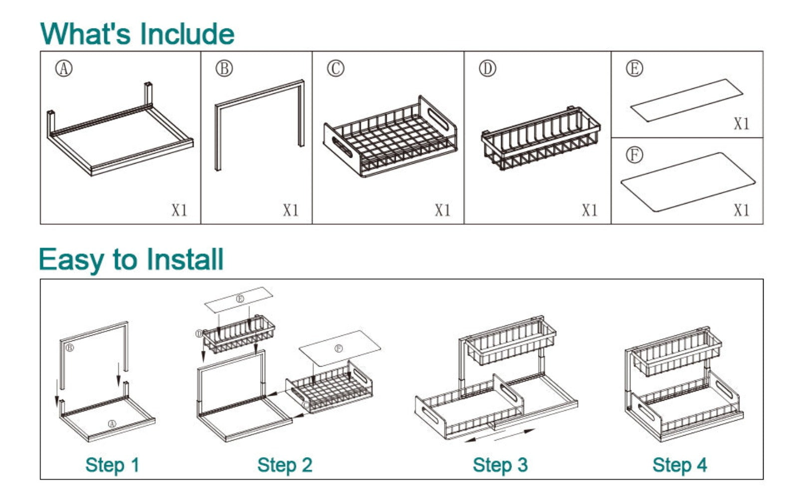 2 estantes metálicos para fregadero, estantes de almacenamiento de gabinete de 2 pisos con cajones deslizantes, gabinetes de almacenamiento extraíbles para fregadero, cocina, baño, despensa, estantes multiusos para fregadero, organizadores debajo del freg