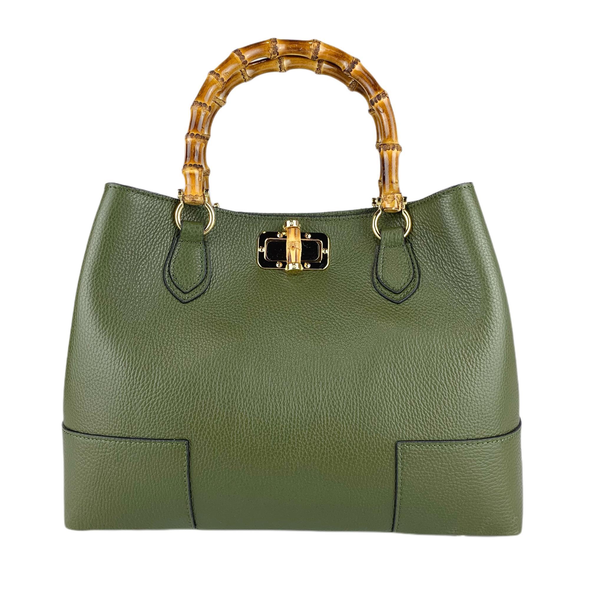 Bolso de cuero real con asas de bambú hecho en Italia, bolso de mujer, bolso de bambú de cuero