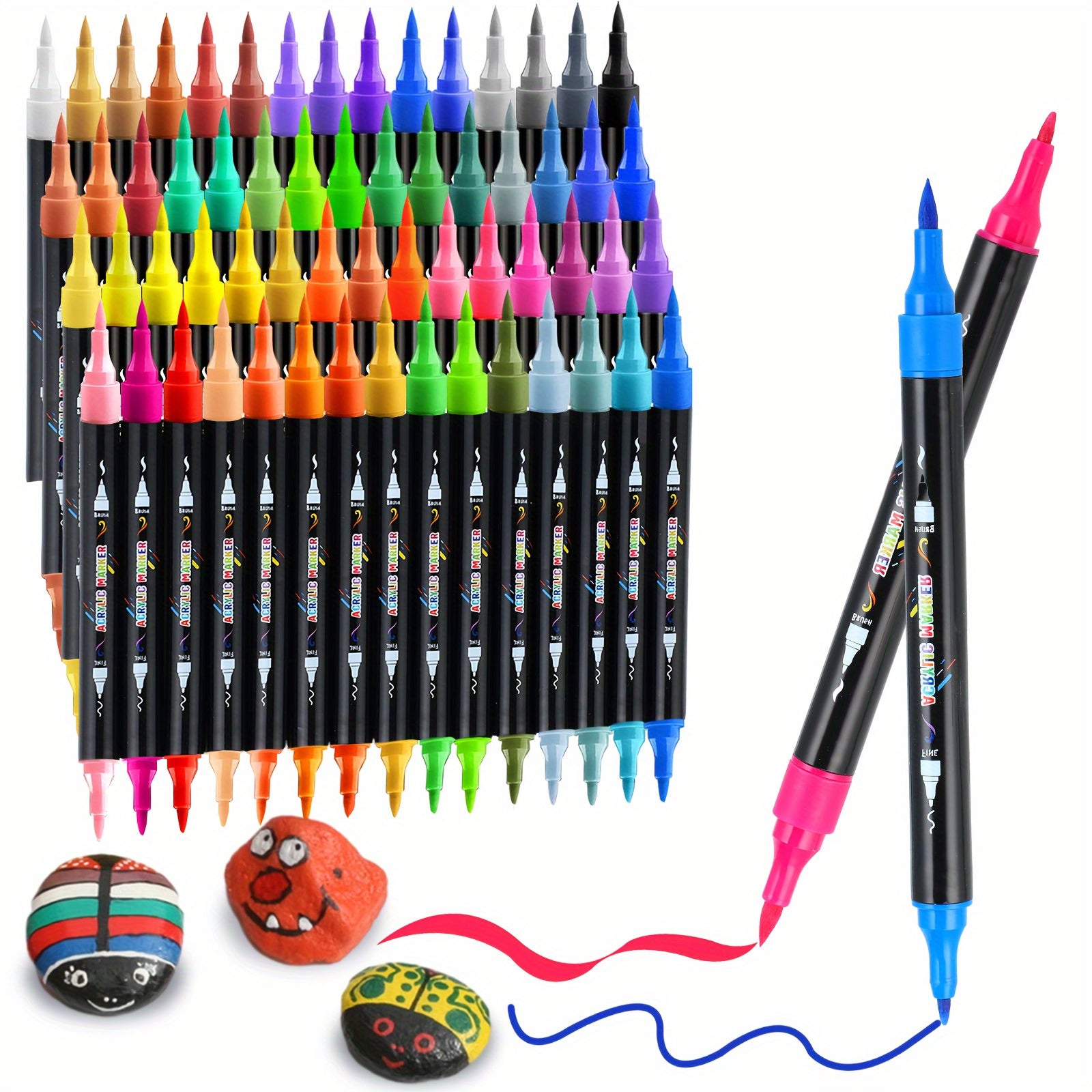 ["60/48/30 Colores Pintura Acrílica] Rotuladores de Pintura Acrílica de Doble Punta para Uso Artístico Profesional, Bolígrafos de Pintura Acrílica con Punta de Pincel y Punta Fina, Huevos, Madera, Roca, Plástico, Piedra, Vidrio, Cerámica"
