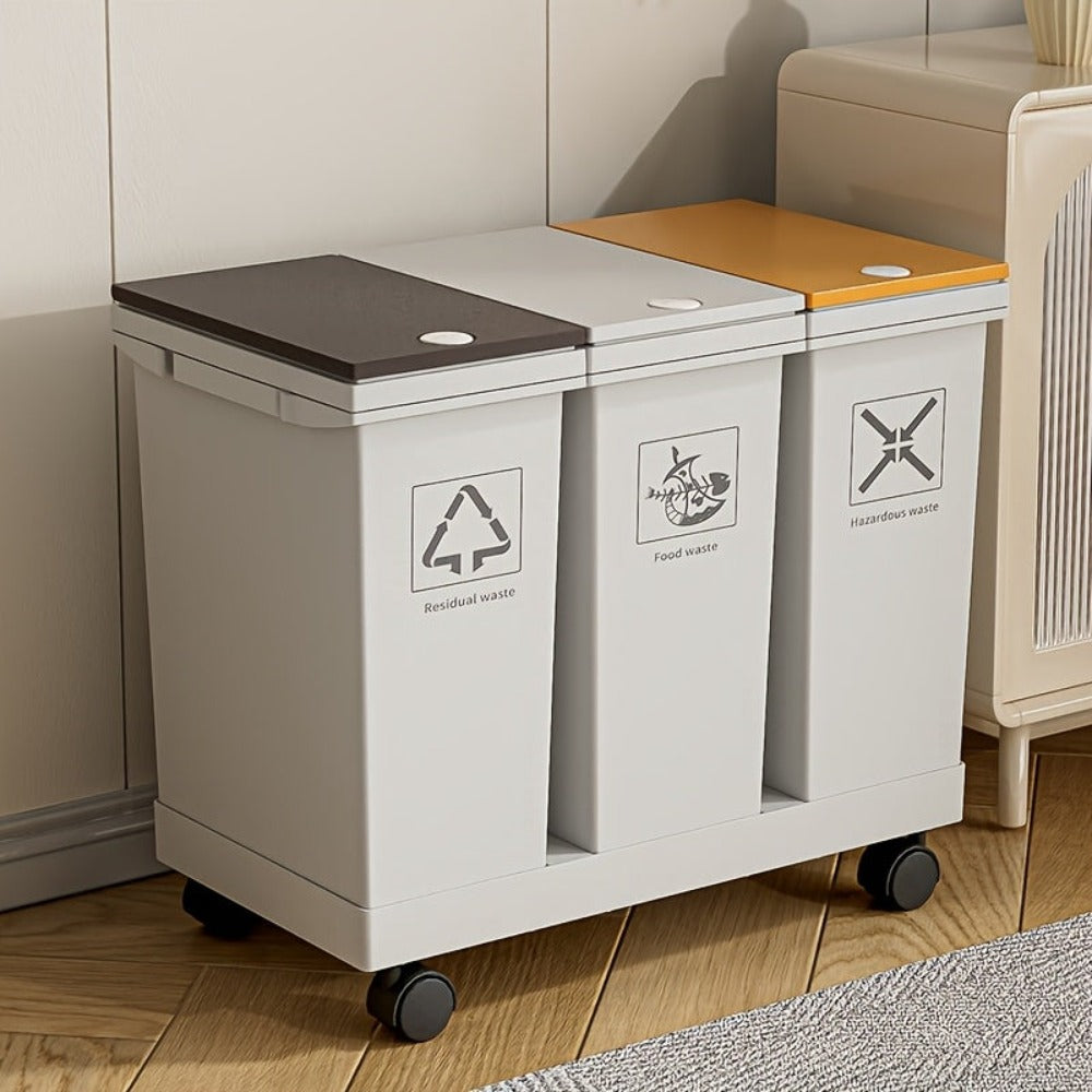 Cubo de basura de cocina de gran capacidad de 60L/36L/24L con compartimentos separados - Con ruedas, resistente a los olores, separación de residuos secos y húmedos, forma rectangular, tapas con botón de presión, fácil de limpiar, gestión de residuos de c