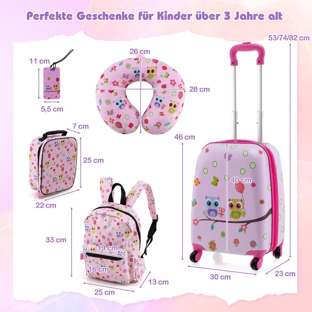 Juego de Equipaje para Niños de 5 Piezas + Mochila, Trolley con Lonchera, Etiqueta de Equipaje y Almohadilla de Cuello, Maleta con Ruedas para Niños y Niñas (Rosa)