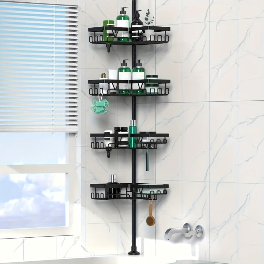 Un estante de esquina robusto y alto para el baño, un estante de esquina ajustable para la ducha que no requiere perforaciones, con un estante de almacenamiento negro de 4 niveles resistente al óxido, ideal para organizar áreas de ducha de esquina - Perfe