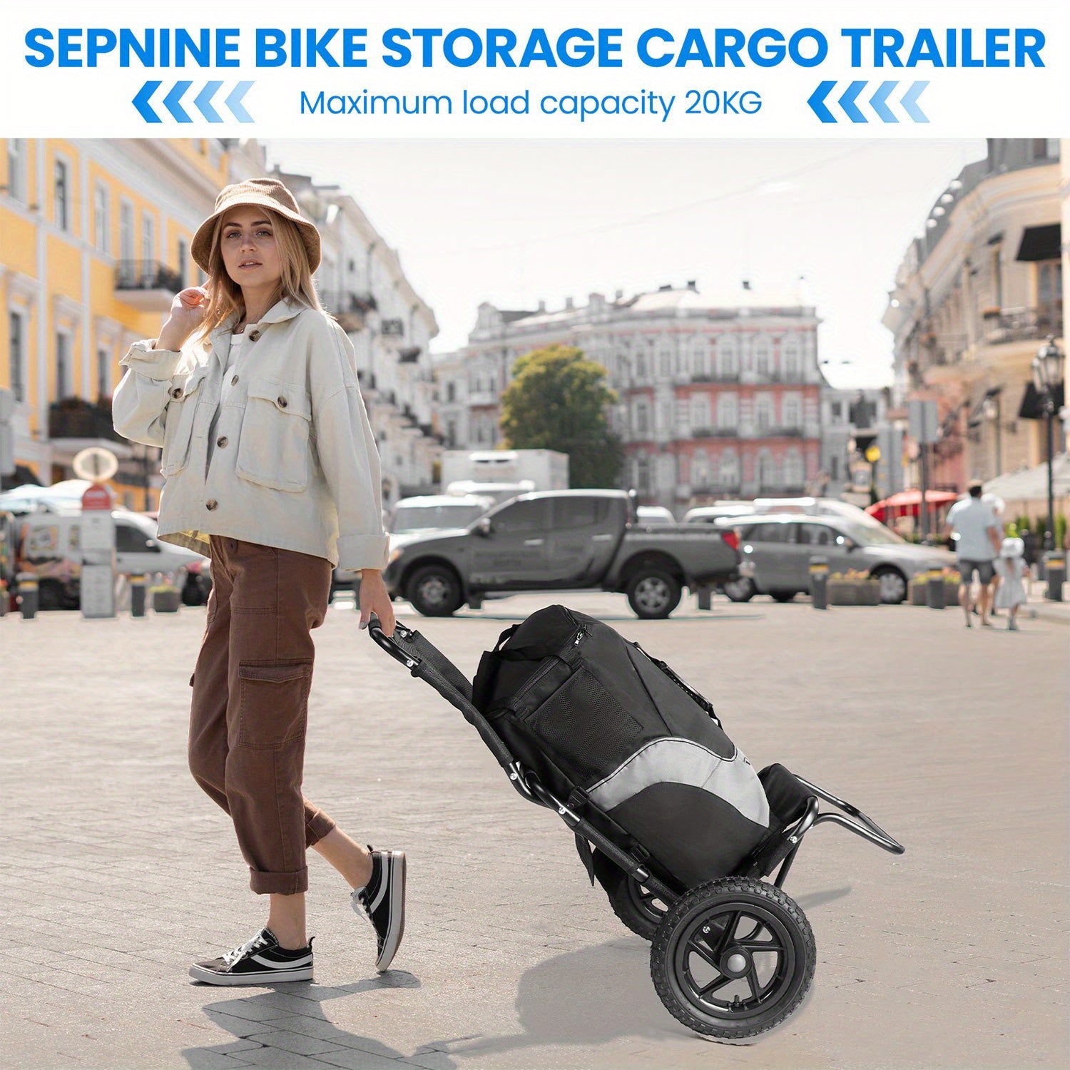 Remolque de carga para bicicleta, remolque 2 en 1 para bicicleta, carrito de compras, carretilla, marco de acero de aleación, ligero y plegable con neumáticos de aire de 30 cm, capacidad de carga de 20 kg