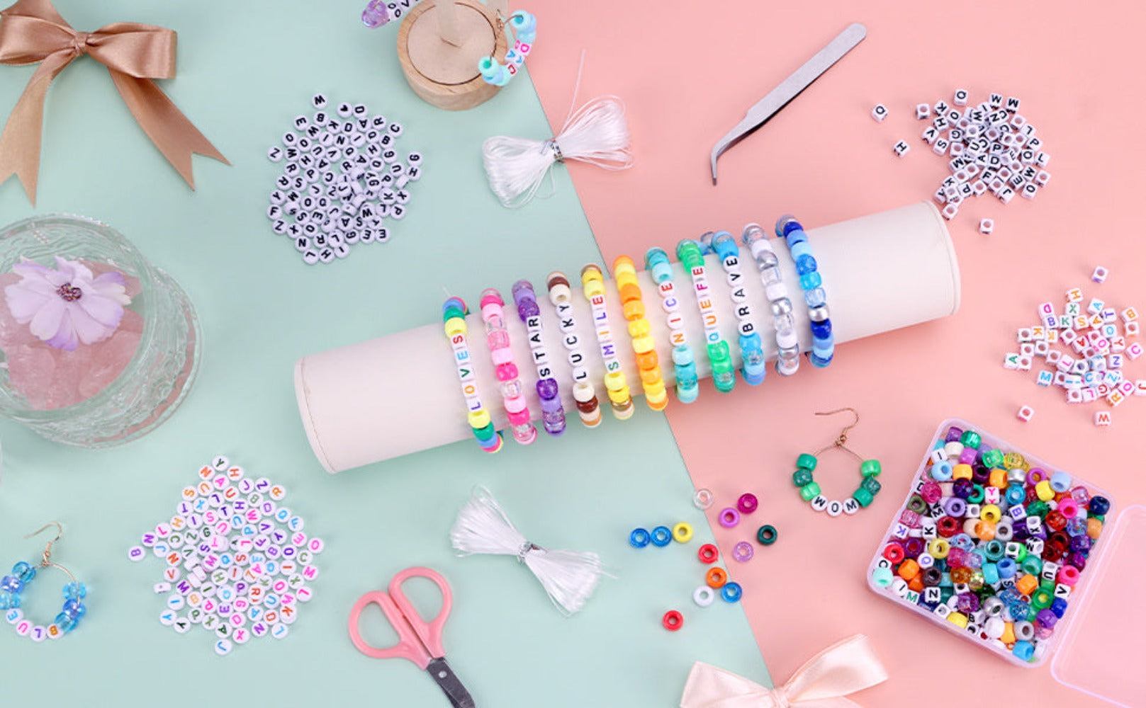 2350 piezas, 64 colores, kit de cuentas pony para hacer pulseras, kit de pulseras de la amistad con cuentas Kandi arcoíris, cuentas con letras y cordón elástico para hacer pulseras y collares, set para niñas