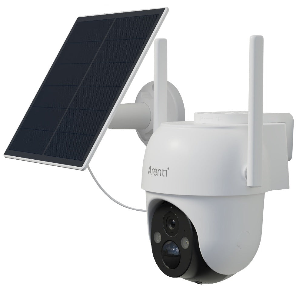 Cámara de seguridad exterior Arenti de 3MP con energía solar, PTZ 360° Pan-Tilt-Zoom, visión nocturna a color, sensor de movimiento PIR, audio bidireccional, foco y alarma de sirena, alta calidad, WiFi inalámbrico, alimentada por batería y USB, grabación