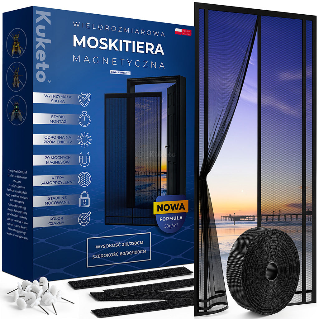 Kuketo - Mosquitera magnética negra para puertas de balcón 210/220 x 80/90/100 cm, pantalla antinsectos con imanes, cierre de , clips, cortina antimosquitos para el hogar, balcón, terraza, entrada, fácil de instalar, recortable, protección contra insectos