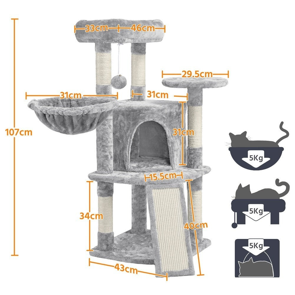 Costoffs Árbol para gatos de 107 cm con plataforma de observación, cueva para gatos, 5 postes de sisal, cueva de descanso, rascador y bola de felpa colgante, mueble para gatos