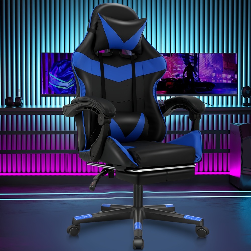 Silla Gaming con Reposapiés, Silla Gaming Ergonómica, Silla de Ordenador con Soporte Lumbar, Reposacabezas, Sillas de PC Ajustables en Altura con Asiento Giratorio de 360° para Oficina o Gaming