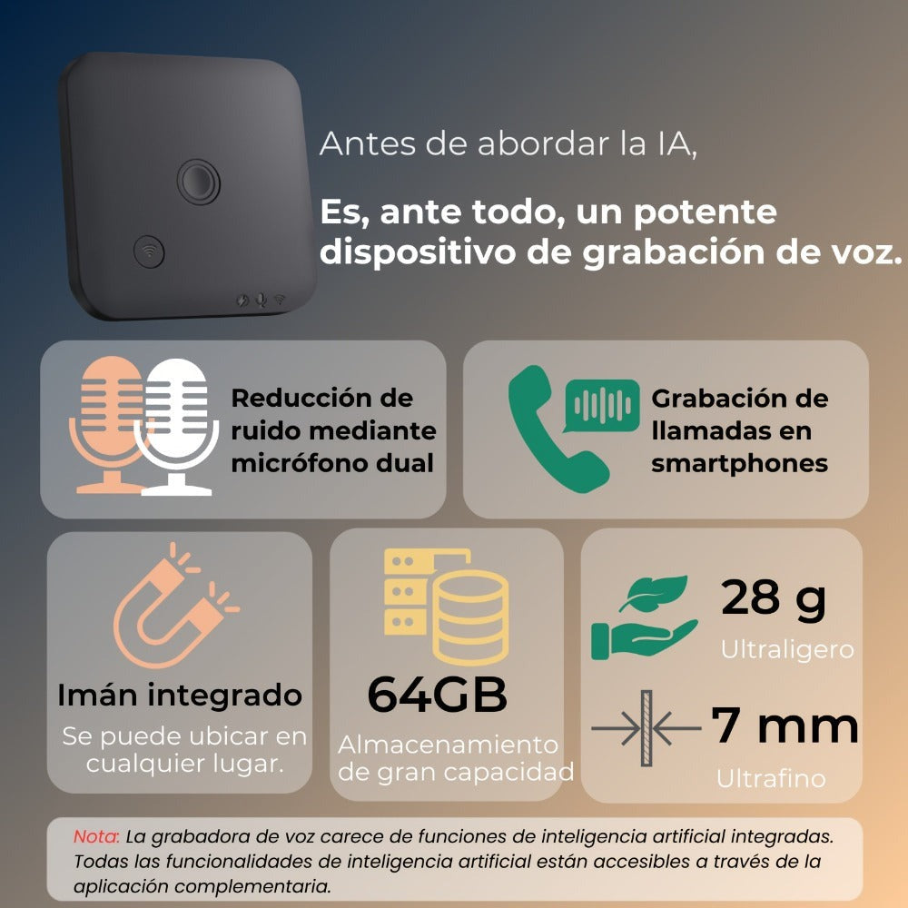 Grabadora de Voz con APP para Transcripción AI, Resumen GPT-4o, Traducción, Mapeado Mental, 64GB de Almacenamiento y Diseño Magnético, Ideal para Llamadas, Clases y Reuniones, por FoCase Rec