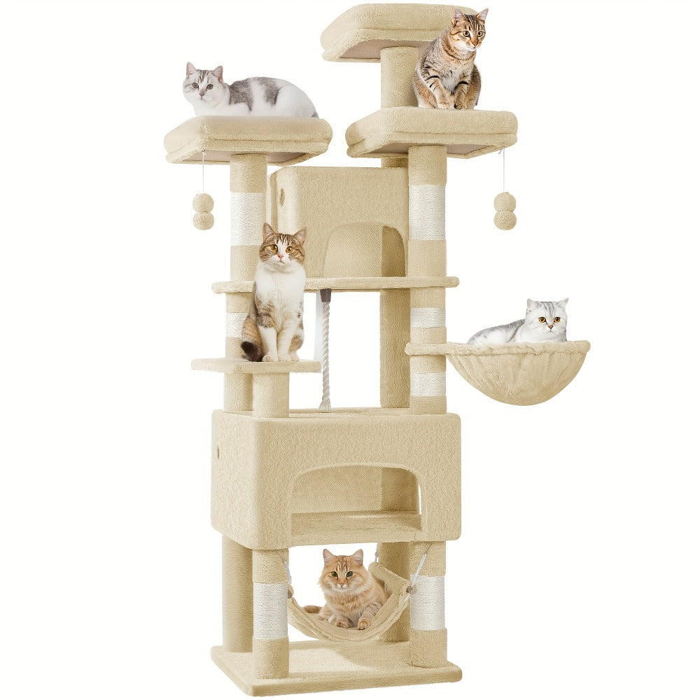 Árbol para gatos, Árbol para gatos de 176 cm, XL, 3 plataformas, 2 cuevas, 7 postes rascadores, hamaca, pelotas de felpa, poste rascador para gatos para hogares con múltiples gatos, Beige
