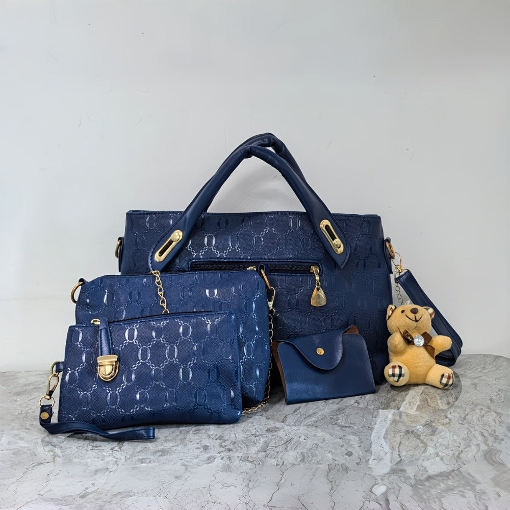 Juego de 4 piezas de bolso para mujer de moda retro con relieve, bolso tote simple de gran capacidad, bolso cruzado casual y versátil de un solo hombro, un colgante de oso al azar, bolso de mano portátil, monedero, adecuado para desplazamientos diarios, v