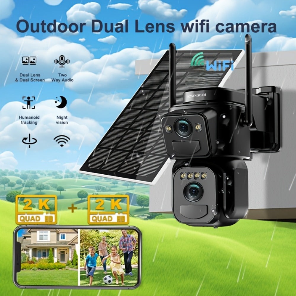 1pc [8x Zoom] WiFi CCTV, Nueva Lente Dual 2025 – PTZ + Cobertura Fija – Baby Monitor, Montaje en Techo/Mástil, 360° Smart Automático Seguimiento Humano, Listo para Granjas y Familias, Sin Zonas Ciegas – 2 Lentes al Precio de 1, Cámara de Seguridad Solar W