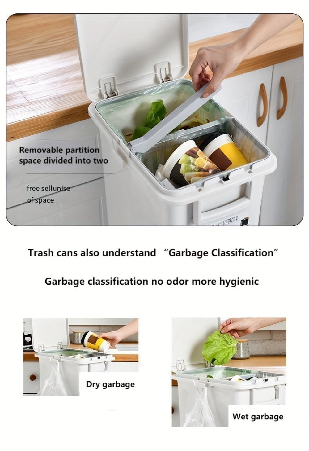 Cubo de basura estrecho de cocina de 32L con tapa, clasificación selectiva con división o dos contenedores interiores, pedal para separación de residuos secos y húmedos, contenedor de plástico para ahorrar espacio para cocina y baño