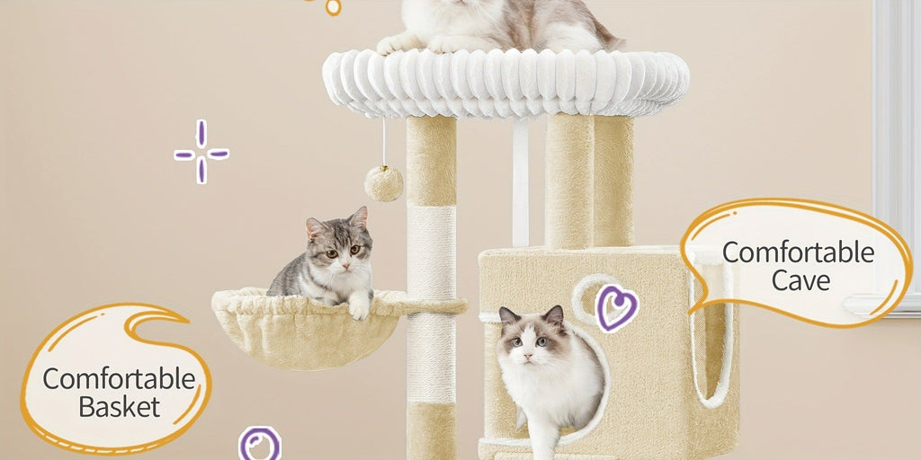 Árbol para Gatos Adecuado para Espacios Pequeños con Plataformas de Peluche, Postes de Sisal para Rascar y Base Antivuelco - Rampa de Escalada Multinivel, Cueva y Pompones - Árbol de Juego Resistente para Gatitos y Gatos (Gris Oscuro)