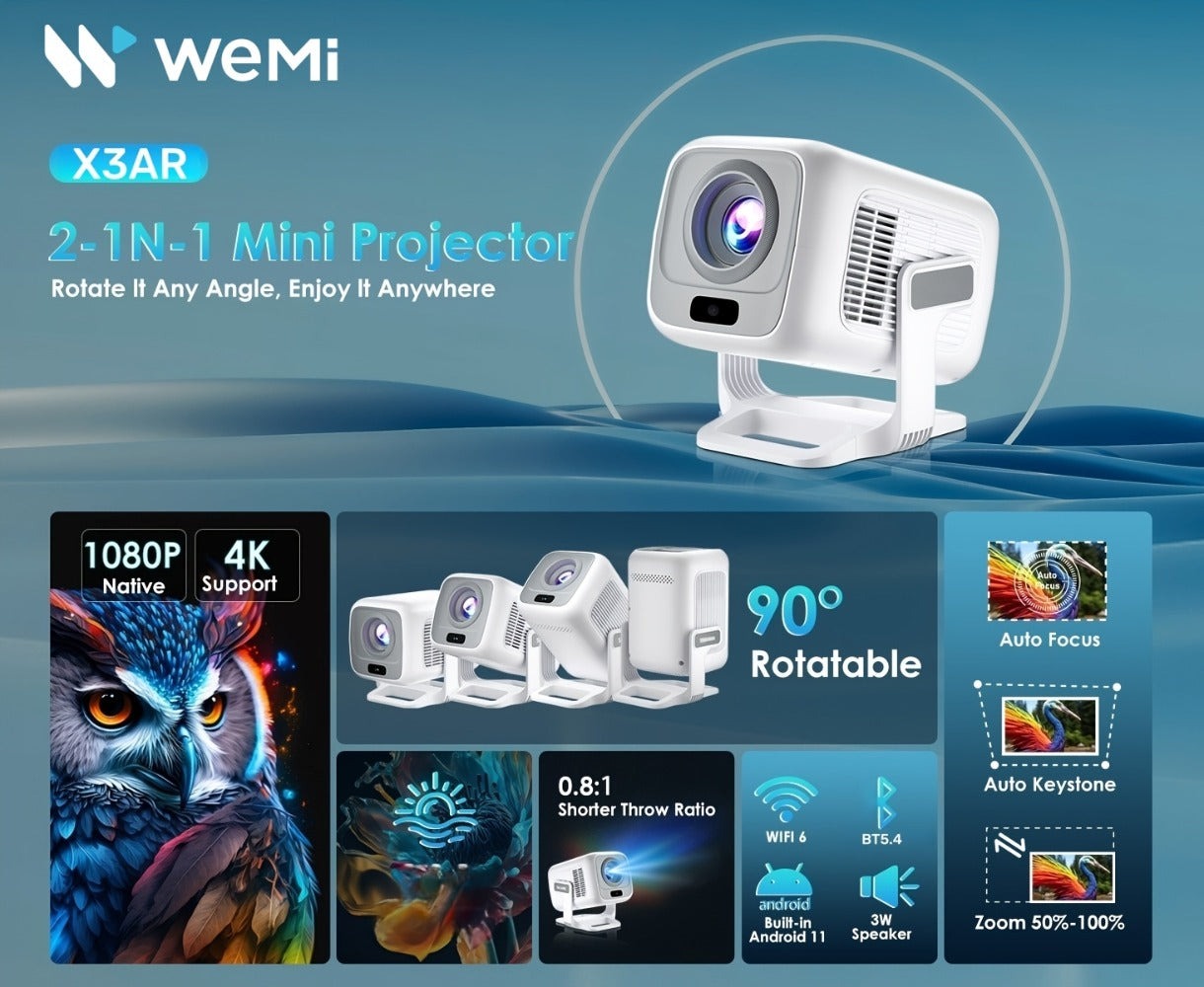 Proyector 4K con Soporte 1080P HD Local con Wifi6 y BT5.4, 650ANSI, Cine en Casa con Enfoque Automático y Keystone, para Uso en Interiores, Proyector Inteligente Compatible con Teléfono/Dispositivo TV/PC/PS5
