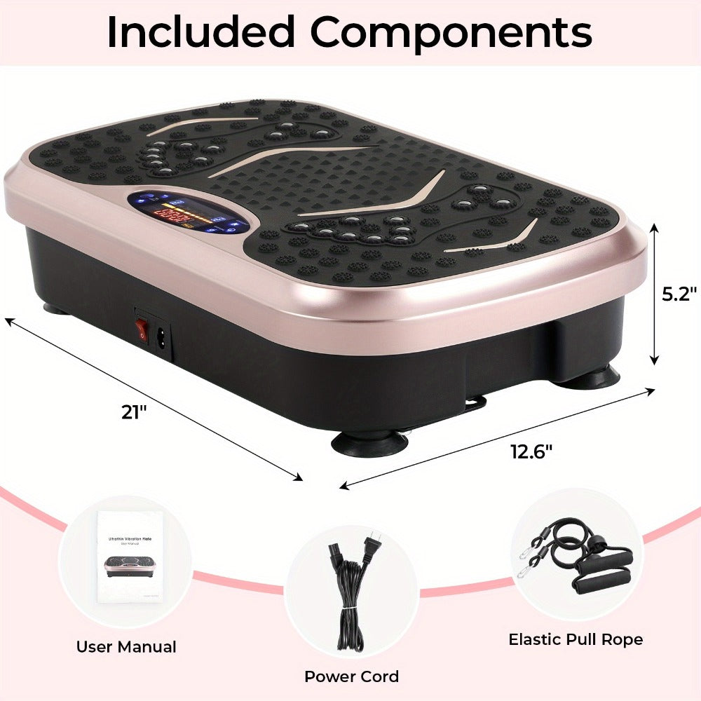 Plataforma de vibración, 5 programas de entrenamiento + 99 niveles de velocidad ajustables, tabla de masaje, cinturón de entrenamiento con diseño antideslizante, tabla de vibración para fitness en casa, entrenamiento de cuerpo completo, capacidad de peso