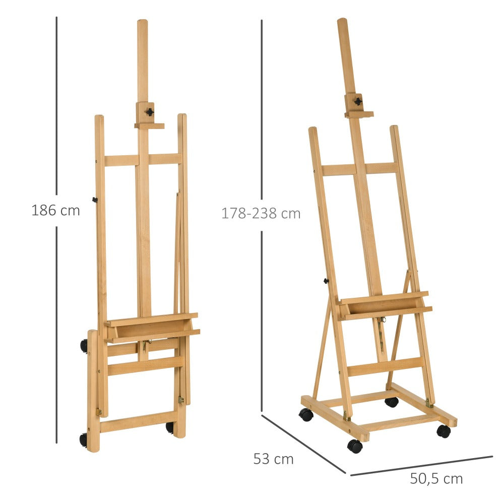 Caballete plegable para artista Vinsetto sobre ruedas, hecho de madera de haya, para lienzos de hasta 118 cm, altura ajustable, inclinación ajustable hasta 90° máximo, con soporte para pinceles de madera natural