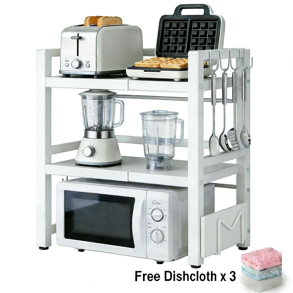Estante para Microondas, Estante de Cocina Retráctil de 3 Niveles, con 6 Ganchos, 3 Soportes para Toallas y Soporte para Tablas de Cortar. Adecuado para Estante de Cocina, Estante de Especias y Gabinete de Microondas. Longitud Retráctil de 40cm a 64cm, Es