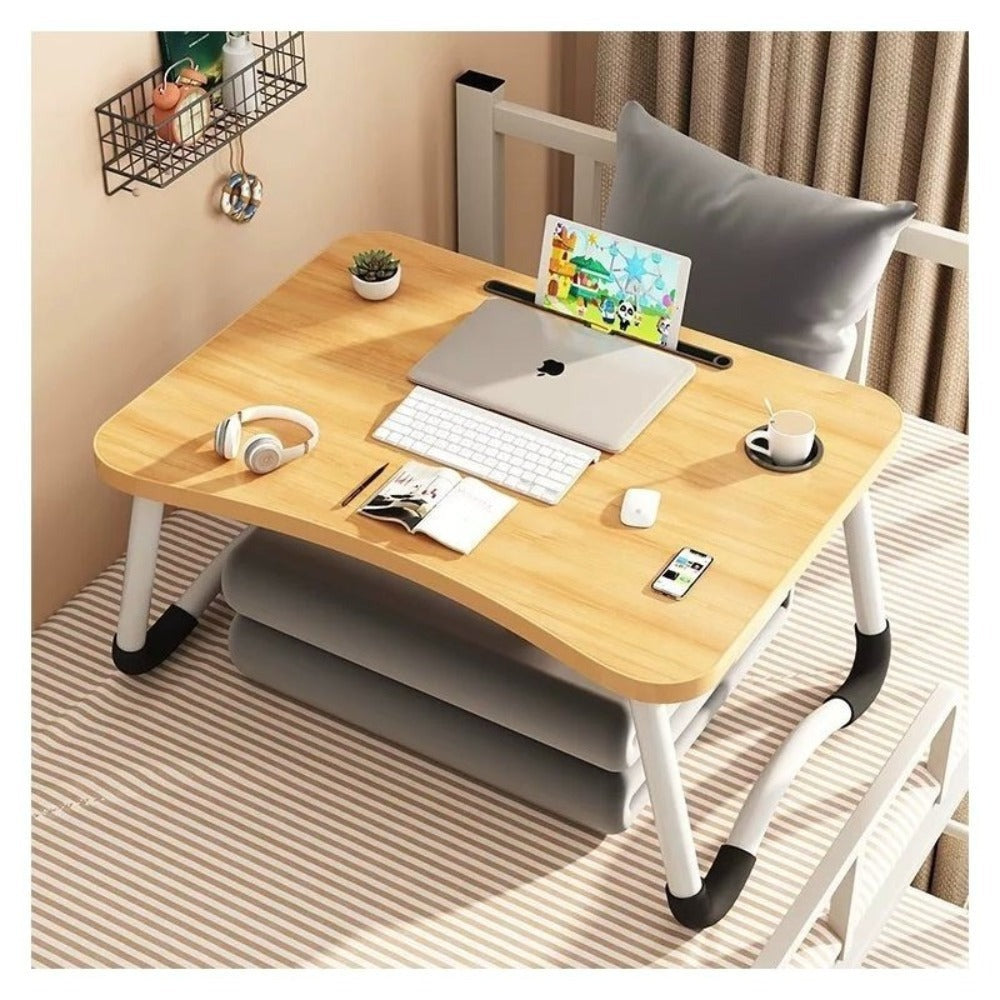 Mesa plegable multifunción para cama y sofá con portavasos, 60×40×28 cm, mesa auxiliar con atril para leer en la cama, bandeja multifunción para ordenador, libros, trabajo y estudio en casa (con cajón / sin cajón)
