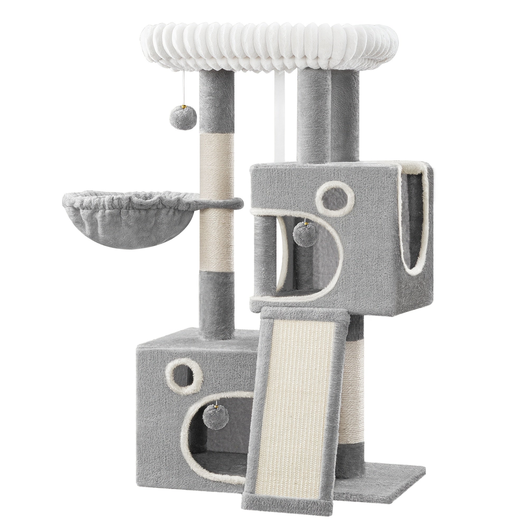 Árbol para Gatos Adecuado para Espacios Pequeños con Plataformas de Peluche, Postes de Sisal para Rascar y Base Antivuelco - Rampa de Escalada Multinivel, Cueva y Pompones - Árbol de Juego Resistente para Gatitos y Gatos (Gris Oscuro)