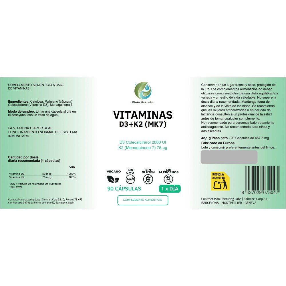 Vitamina D3 2000 UI + K2 MK7 by BioActiveLabs© - Huesos y Arterias 90 Cápsulas