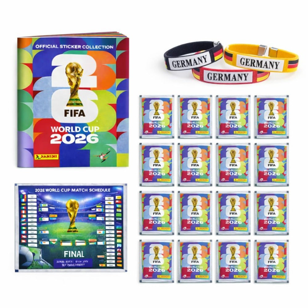 Set de coleccionista TK XXL Copa del Mundo 2026 – Álbum de pegatinas Panini con pegatinas, calendario de partidos y 3 pulseras de Alemania