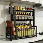 Especiero de pie, 3 niveles, frascos de especias de gran capacidad, estante de cocina, organizador de metal para almacenamiento en encimera con soporte para utensilios, soporte para tabla de cortar, con 6 ganchos,