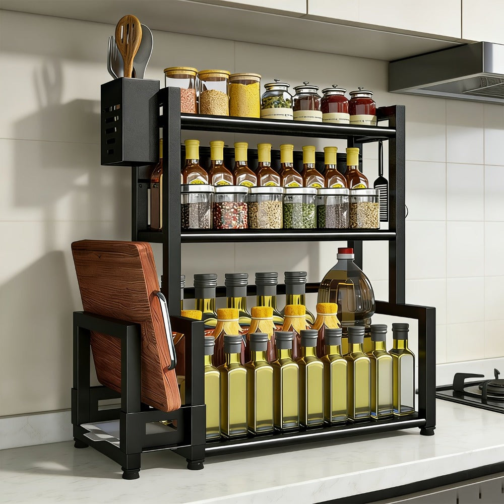 Especiero de pie, 3 niveles, frascos de especias de gran capacidad, estante de cocina, organizador de metal para almacenamiento en encimera con soporte para utensilios, soporte para tabla de cortar, con 6 ganchos,
