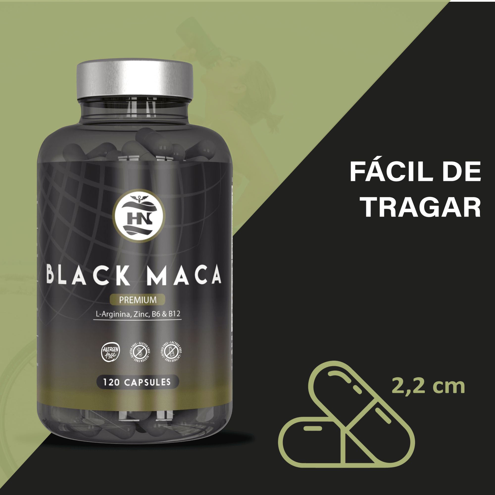 HN - Healthy Nutrition Maca Negra Andina con L-Arginina y Zinc – Suplemento con Vitaminas B6 y B12 – 120 Cápsulas Vegetales