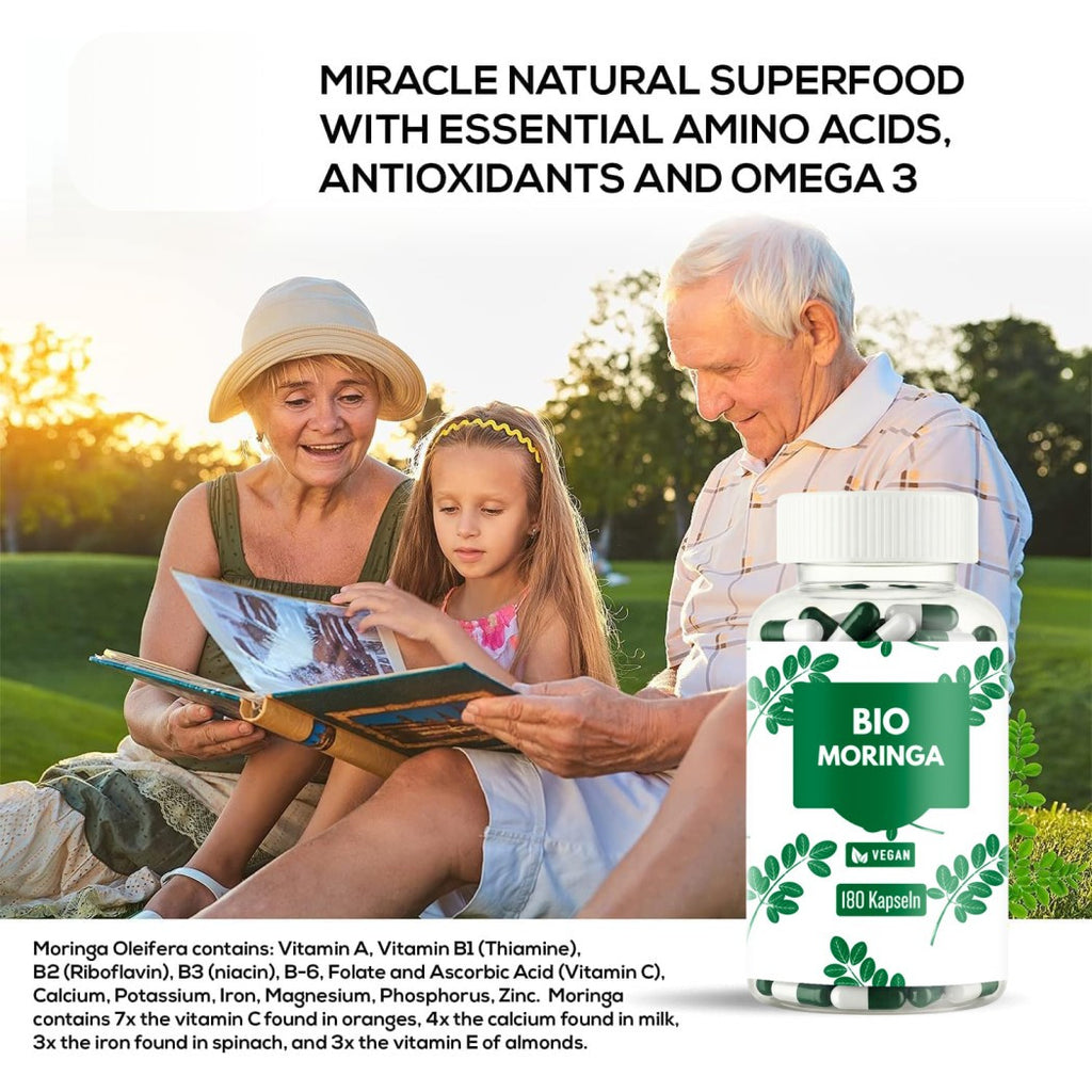 Cápsulas de Moringa de Alta Dosis – 1500 mg Dosis Diaria – 180 Cápsulas Veganas de Moringa – Hechas de Polvo de Moringa – Suplemento de Moringa Probado en Laboratorio – Sin Aditivos